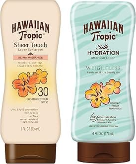 Hawaiian Tropic SPF 30 Broad Spectrum Sunscreen and After Sun Pack with 8oz Sheer Touch Moisturizing Sunscreen Lotion and 6oz Silk Hydration Weightless After Sun Lotion