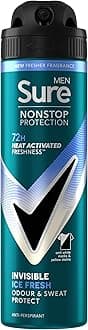 Sure Men Nonstop Protection Invisible Ice Fresh Anti-Perspirant Aerosol Men's Deodorant Spray with Body Heat Activated technology that leaves no marks for 72 hour odour and sweat protection 150 ml