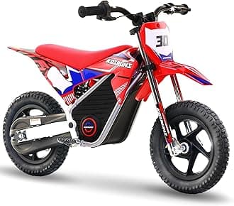 Electric Dirt Bike for Kids 3-7, High Performance Racing Grade Motorcycle, Up to 8MPH, 2 Speed Settings, 12-Inch Off-Road Tires, Rear Disc Brakes & Advanced Shock Absorption, Red