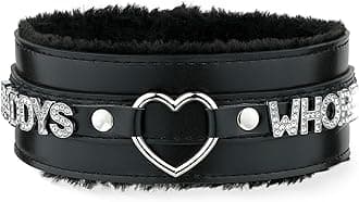 Pink Furry Heart O-ring Leather Choker Collar For Women, Handmade Punk Gothic Letter Necklace Adjustable Fashion Jewelry