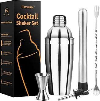 Ohtomber Cocktail Shaker Bartender Kit - 5PCS Cocktail Martini Shaker with Strainer, Muddler, Bar Spoon, Measuring Jigger for Bartending and Liquor Bottle Pourers, Drink Mixer Bar Tools