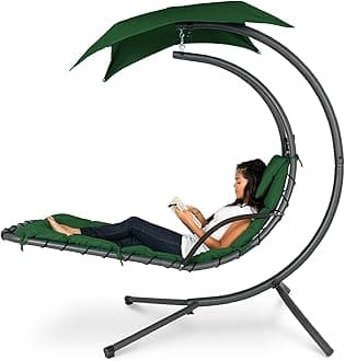 Outdoor Hanging Curved Steel Chaise Lounge Chair Swing w/Built-in Pillow and Removable Canopy - Green