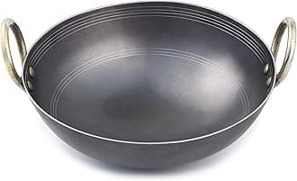 VISMAY'S 5 Litre 13 Inch Food Grade Iron Kadhai Wok Frypan Lohe ki Kadai Smooth Edges Riveted Handles Deep Frying, Roasting Metal Spoon Friendly Traditional Indian Cooking Durable Kitchen Cookware