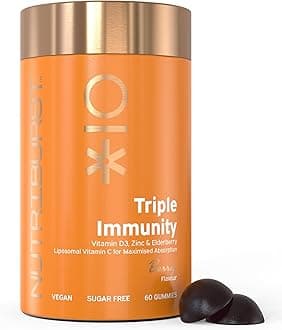 Triple Immunity - Liposomal Vitamin C (100mg), D3 (20µg), Zinc (7.5mg) + Elderberry Extract - Immune & Wellbeing Support - Vegan, Sugar Free Supplement - 60 Berry Gummies - 1 Month Supply