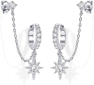 14K Gold Chain Earrings for Women | Double Piercing Dangle Chain Huggie Hoop Earrings | Cubic Zirconia Pearl Stud Ear Cuff Earrings for Women