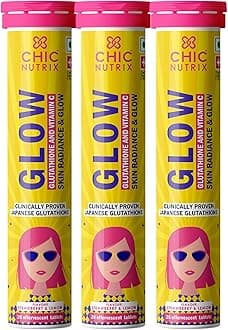 Chicnutrix Glow Glutathione Effervescent Tablets with Vitamin C |Japanese Glutathione 500mg For Radiant, Even-Toned and Glowing Skin | Sugar-Free| Strawberry Lemon Flavour, 20 Tablets (Pack of 3)