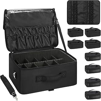 RelavelExtra Large Makeup Case Professional Cosmetic Storage Organizer Box Brush Holder with 4 Clear Set Bags & Lipstick Plate for Makeup Artists, Black with extra 4 samll bags, XL, Extra Large