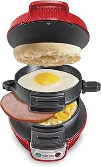 Breakfast Sandwich Maker with Egg Cooker Ring, Customize Ingredients, Perfect for English Muffins, Croissants, Mini Waffles, Perfect White Elephant Gifts, Red (25476)
