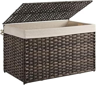 SONGMICS Storage Box with Cotton Liner, Rattan-Style Storage Basket, Storage Trunk with Lid and Handles, for Bedroom Closet Laundry Room, Brown URST76BR