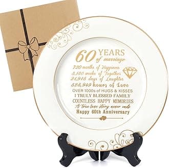 60th Anniversaty Plate with 24k Gold Foil-60th Anniversary Wedding Gifts for Parents Couple,60th Anniversary Decorations,60 Year Diamond Gifts for Grandparents,Ceramic,with Stand 9"