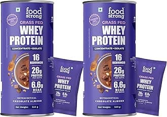Whey Protein Powder, Grass-fed, 100% Whey, Daily Protein, Almond Chocolate, 25.8g Protein, With Turmeric, Green Tea, Ashwagandha & Digestive Enzymes, 16 sachets,More than 500g (Pack of 2)