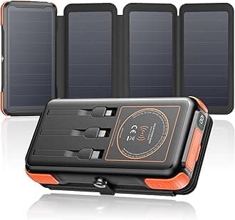 SOARAISE Wireless Solar Power Bank, 25000mAh Solar Charger with Built-in 3 Cables, Dual Outputs, 4 Solar Panels & 3 LED Flashlights, Portable Phone Charger for Outdoor Camping