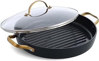 GreenPan Hard Anodized Healthy Ceramic Nonstick, 11" Grill Pan with Lid, Gold Handle, PFAS-Free, Dishwasher Safe, Black