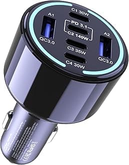 CHIPOFY 300W USB C Car Charger, 6 Ports (4 USB C + 2 USB A) - PD3.1 140W PPS 45W QC 60W Super Fast Charging Car Adapter for MacBook Laptop, iPhone 17 16 Pro Max, iPad, Galaxy S25/S24 Ultra etc