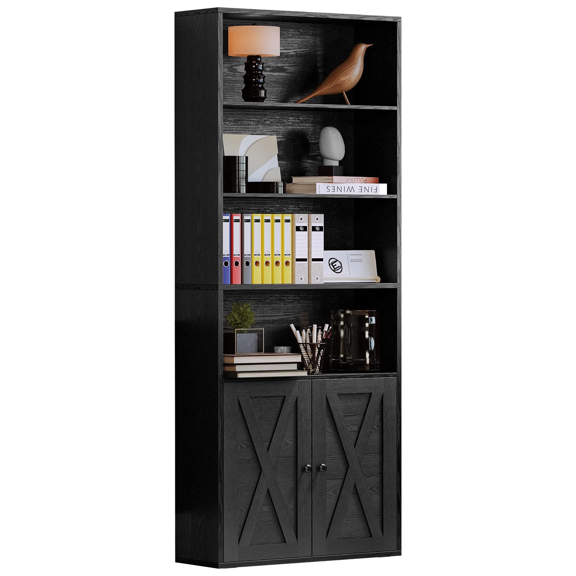 Industrial Bookshelves and Bookcases with Doors Floor Standing 6 Shelf Display Storage Shelves 70 in Tall Bookcase for Home Office, Living Room