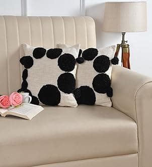 Premium Decorative Throw Cushion Pillow Cover Boho Home Decor - Living Room Bedroom Couch Sofa Cushion Covers 16 inch x 16 inch (2, Black Circles)