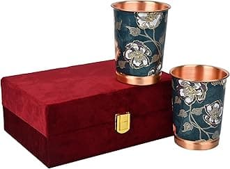 DI: Decorative India Copper Premium Green Gold Leaf Design Set of Two Glass with Elegant Gift Box, 250 ML