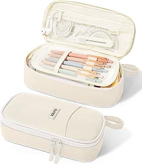 SUNEE Cute Pencil Case, Aesthetic Pen Pouch, Colored Large Pencil Bag with Zipper, Kawaii Stationery Storage and Organizer, School Supplies for Teen and Adult Girls, Beige