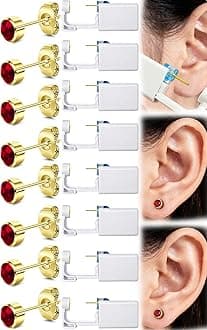 Get the Perfect Ear Piercing with 24 Pcs Premium Ear Piercing Kit - Includes 8 Red CZ Stones Earrings and 8 Easy-to-Use Self Ear Piercing Gun - Safe and Painless