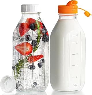 32 oz Reusable Glass Milk Bottles with Silicone Dispenser Cap, 2 Pack Glass Jars with Airtight Screw Lid, Leak Proof Juice Bottles with Scale Mark Breastmilk Storage Container for Fridge
