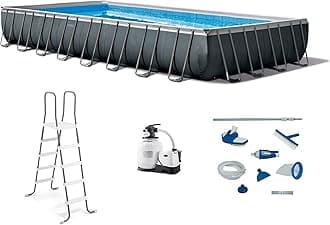 Intex Ultra XTR Heavy Duty Rectangular Above Ground Swimming Pool with Complete Set of Maintenance Kit, Ladder, and Sand Filter Pump, Gray