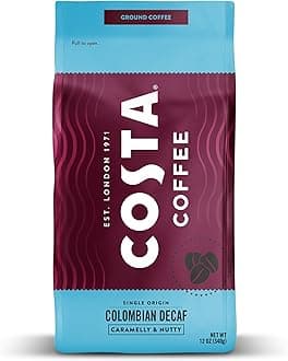Costa Coffee Decaf Coffee Ground, Medium Roast 12 Oz Bag, Caramel & Nutty Full Flavor, Caffeine-Free 100% Columbia Arabica Beans, Smooth & Low-Acid
