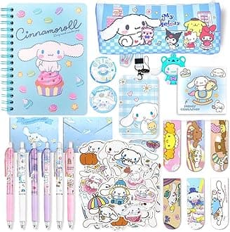HASTHIP® Kawaii Cinnamoroll School Supplies Set, Kawaii Stationeries Supplies Set with Notebook, Pencil Pouch, Click Pens, Assorted Cinnamoroll Cartooon Stickers, Girls School Gift Set
