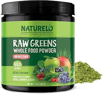 Raw Greens Superfood Powder - Unsweetened - Boost Energy, Detox, Enhance Health - Organic Spirulina - Wheat Grass - Whole Food Nutrition from Fruits & Vegetables - 480 Grams