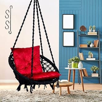 Patiofy Round Cotton Home Swing for Adults & Kids/ Hanging Jhula for Balcony, Indoor, Outdoor/ Weight Capacity 100Kgs/Includes Hanging Kit & Red L Cushion/Handmade Wooden Swing for Living Room (Black)