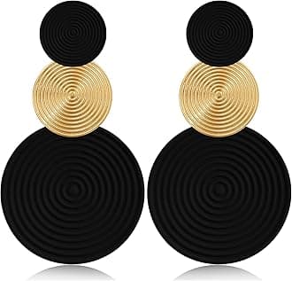 Handmade Long Round Alloy Dangle Drop Earrings - Statement 60s 70s 80s Vintage Gold Disk Round Disc Earrings - Boho Lightweight Summer Beach Jewelry Earring for Women