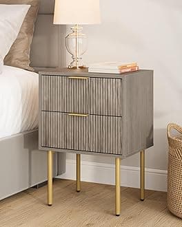 Night Stand,Mid-Century Modern Bedside Table with 2 Storage Drawer,Small Gold Frame Side End Table for Bedroom,Living Room, Grey
