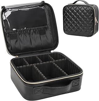 Makeup Bag, Travel Cosmetic Train Case Organizer Portable Artist Storage Bag with Adjustable Dividers for Cosmetics Makeup Brushes Toiletry Jewelry Digital Accessories Quilted Leather Black