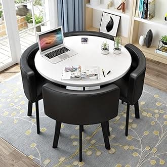 Round Kitchen Dining Table Set for 4, Space Saving Table and Chairs Set with Thick Tabletop 4 Upholstered Chairs, Dinning Room Modern Casual Coffee Table Set(D 31.5inch/80cm, PU BlackA)