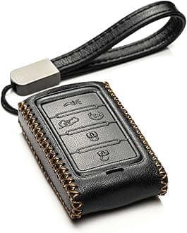 Vitodeco Genuine Leather Smart Key Fob Case Compatible With Jeep Wagoneer, Grand Cherokee, Black, 5-Button, Classic