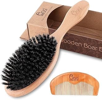 BLACK EGG Boar Bristle Hair Brush for Women Men Kid, Soft Natural Bristles Brush for Thin and Fine Hair, Restore Shine and Texture, Set includes Bamboo comb and 3 hair ties, Excellent Gift Idea