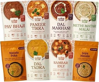 The Cumin Club Variety Pack | 8 Authentic Indian Meals | Ready in 5 Minutes, Just Add Water | All-Natural, No Preservatives | Vegetarian-Friendly