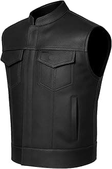 Men’s SOA Motorcycle Vest – Premium Buffalo Leather, Multiple Pockets Club Style Biker Vest - All Seasons