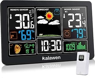 Kalawen Weather Station with Outdoor Indoor Sensor, MSF Wireless Digital Alarm Clock, Barometer, Temperature, Humidity Monitor, Weather Forecast for Home Garden