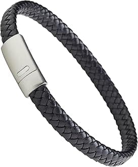 LUXAR Men’s Genuine Leather Bracelet | Interwoven Black Leather Bracelets with Brush Stainless Steel Clasp | Minimalist, Designer Jewelry for Men (Silver, Medium)
