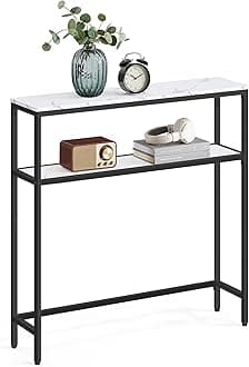 Console Table, 2-Tier Sofa Table, 7.9 x 31.5 x 31.5 Inches, Narrow Entryway Table, Modern Entry Table with 2 Shelves, for Living Room, Bedroom, Marble White and Ink Black ULNT130W59