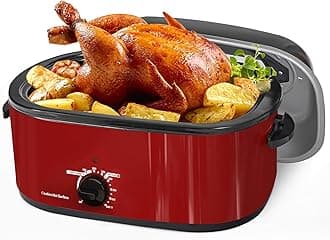22 Quart Electric Roaster Oven with Viewing & Self-basting Lid, Turkey Roaster Oven with Removable Pan and Rack, RED