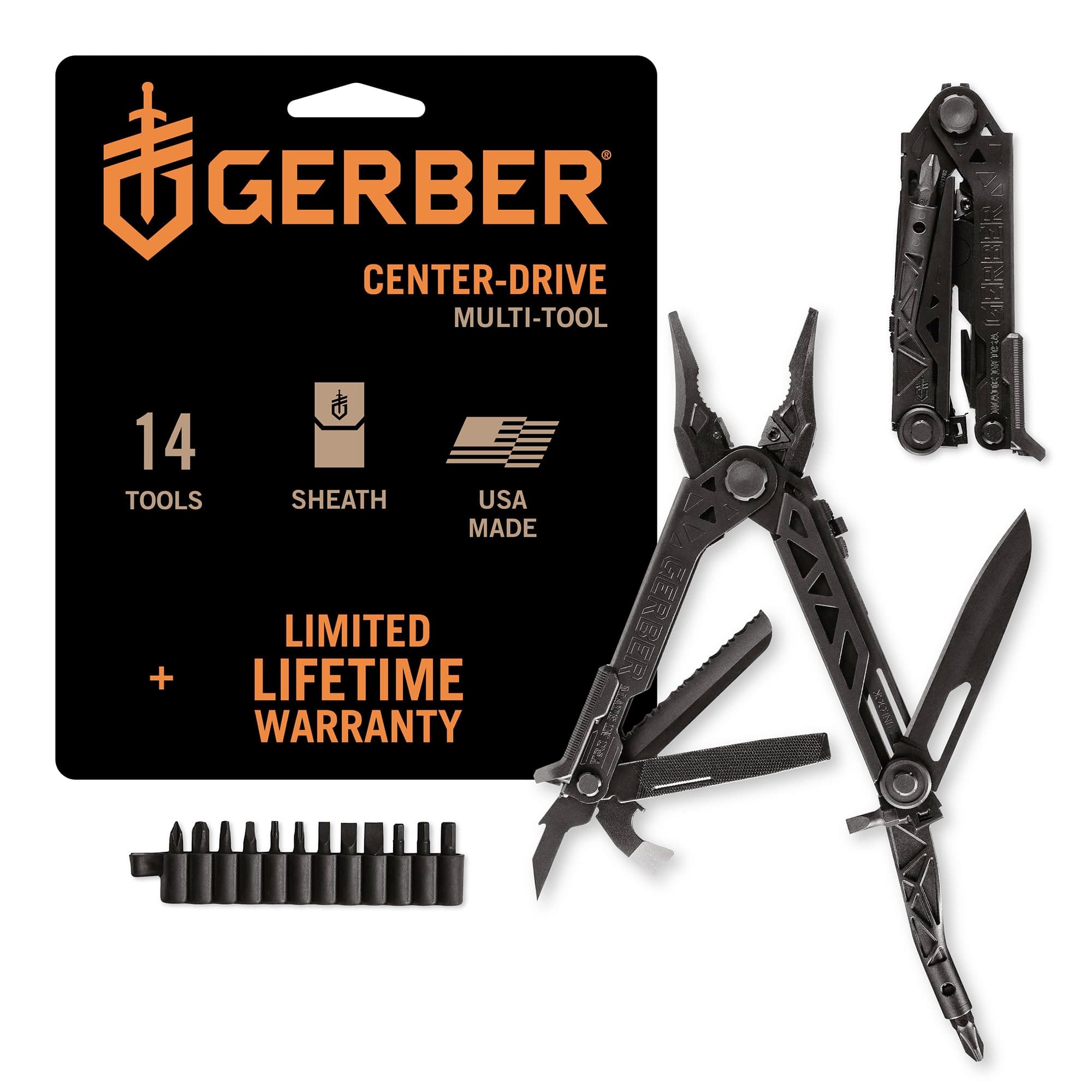 Gear Center-Drive Multitool - Includes 3.25" Plain Edge Knife, Needle Nose Pliers, Center-Axis Bit Driver, Wire Cutter, Pry Bar, Nail Puller - Comes with Bit Set & Sheath - Made in USA - Black