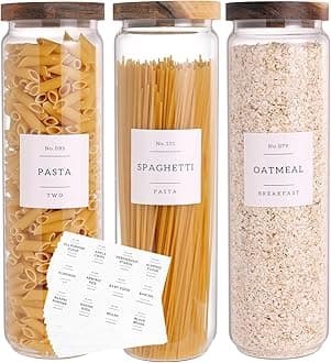 CZZGSM 3 Set Glass Pantry Storage Jars with Acacia Airtight Lid - 50oz Thicken Glass Kitchen Canisters with 132 Pantry Labels - Tall Food Storage Containers with Wood Lid for Pasta,Spaghetti,Cereal