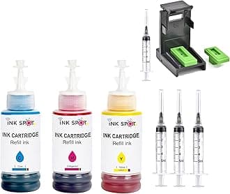 INKSPOT Refill Kit with Suction Tool Combo Pack of High Yield Inkjet Cartridge Ink Refill Compatible for HP and Canon Cartridge Printers - 100ml Per Bottle