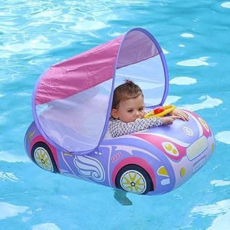 Toddler Pool Float Inflatable Car Baby Swim Float with Adjustable Sun Canopy and Safety Seat Pool Toys for Kids 1-4 Years Old (Princess Pink)