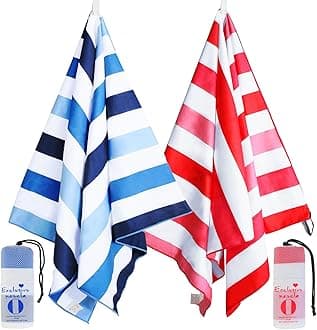 Exclusivo Mezcla 2 Pack Large Quick Dry Beach Towels, Microfiber Sand Free Cabana Stripe Pool Bath Swim Towel with Bag, Lightweight and Thin (Blue and Red, 30x60 Inches)