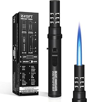 Camping Torch Lighter, Windproof Butane Torch Lighter with Fuel Indicator&Safety Lock, Refillable Butane Lighter with Adjustable Jet Flame for Outdoor Adventure Candle Campfires (Without Fuel) (Black)