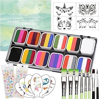 Professional Face Paint Palette Face Painting Kit With Brushes 12 Split Cake Palettes Water Based Face Paint with Stencils & Brushes for Halloween Christmas Makeup