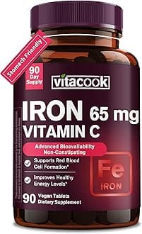 Iron Supplement for Women Men | High Potency Iron 65mg with Vitamin C 250mg | Stomach Friendly Iron Pills for Red Blood Cell & Immune Support | Vegan, Non-GMO & Gluten Free | 90 Tablets