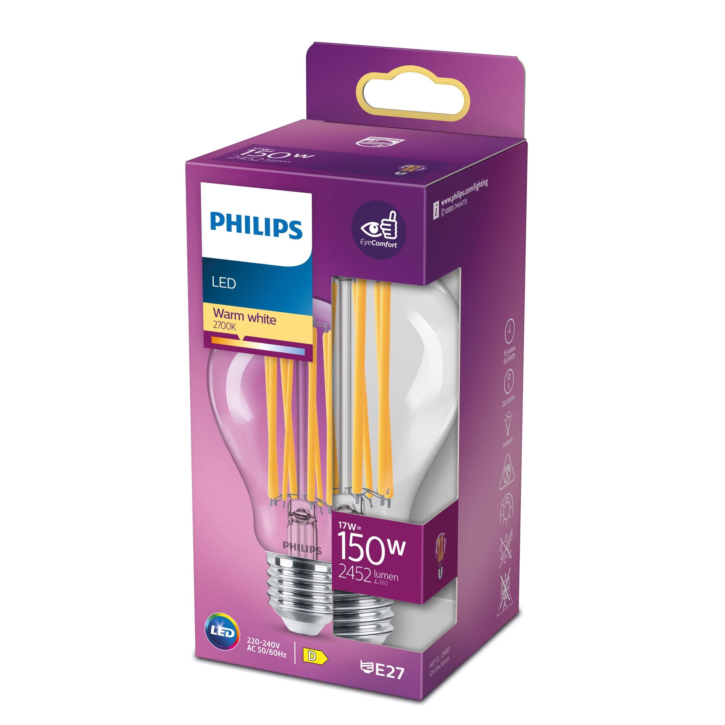Philips LED Premium Classic A67 Clear Light Bulb [E27 Edison Screw] 17W - 150W Equivalent, Warm White (2700K), Non-Dimmable.
